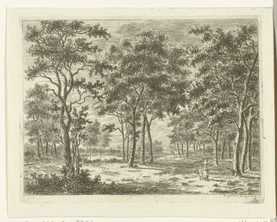 Landschap met een vrouw en een jongetje die takken sprokkelen