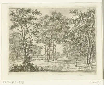 Landschap met een vrouw en een jongetje die takken vergaren