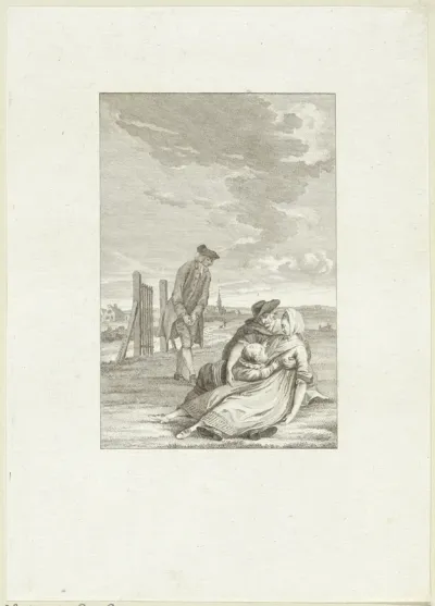 Landschap met een vrouw, man en een kind in omhelzing
