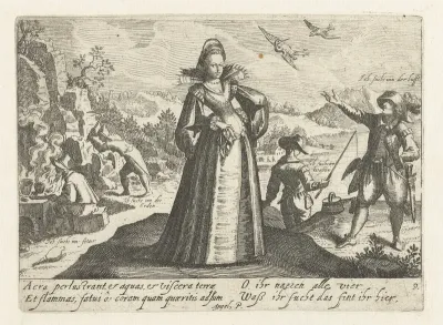 Landschap met een vrouw, staand tussen vier mannen die geen oog voor haar hebben