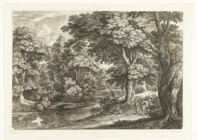 Landschap met een vrouw zittend aan een rivier langs de weg