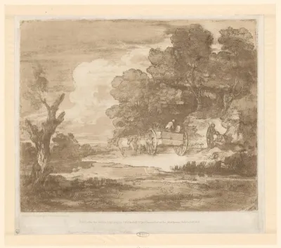 Landschap met een wagen getrokken door paarden langs een waterkant en een bosrand