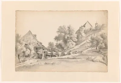 Landschap met een watermolen en een kerkje