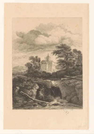 Landschap met een waterval en op de achtergrond een kasteel