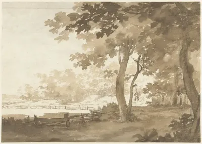 Landschap met een weg onder bomen