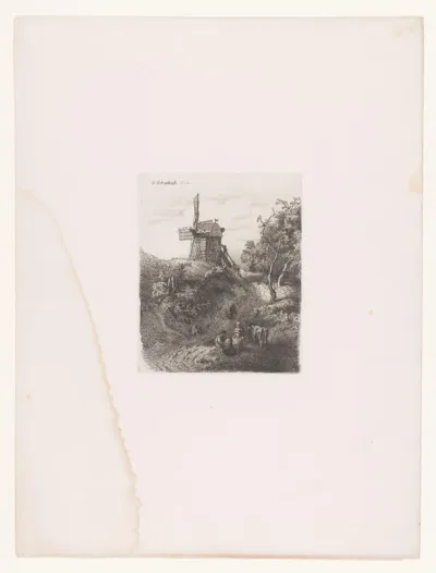 Landschap met een windmolen, een koe en figuren op de voorgrond