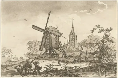 Landschap met een windmolen en een kerk
