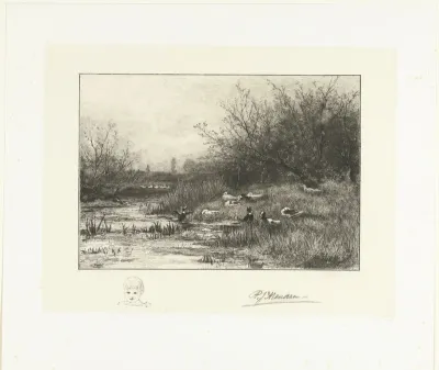 Landschap met eenden bij een plas