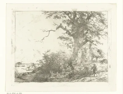 Landschap met eikebomen en man bij water