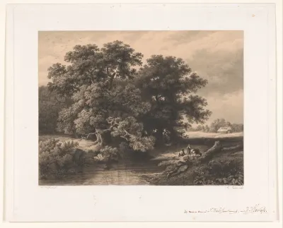 Landschap met eiken langs een beek