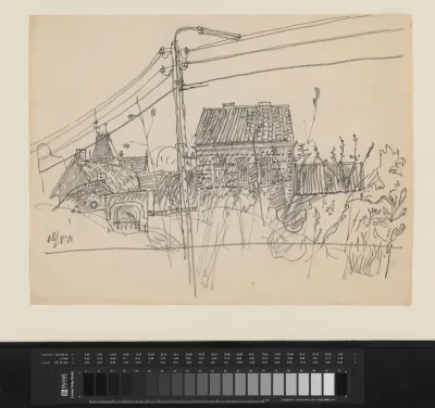 Landschap met elektriciteitspaal en huizen