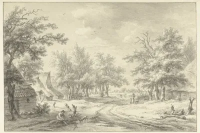 Landschap met enkele boerderijen en figuren