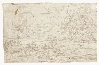 Landschap met enkele figuren onder een boom