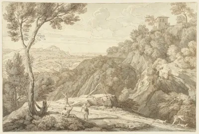 Landschap met enkele figuren op een landweg