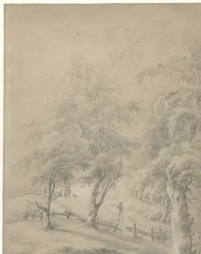 Landschap met enkele figuren op een weg achter een hek