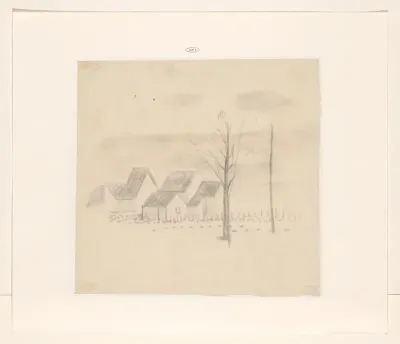 Landschap met enkele huizen en een kale boom