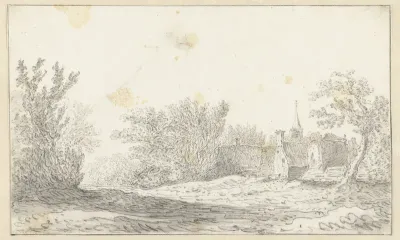 Landschap met enkele huizen en kerktoren van een dorp
