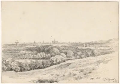 Landschap met enkele molens en een kerk in het verschiet