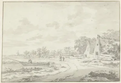 Landschap met enkele woningen aan een water