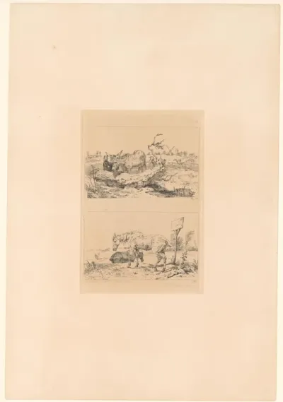 Landschap met ezel en ezelsveulen en een voorstelling met paarden