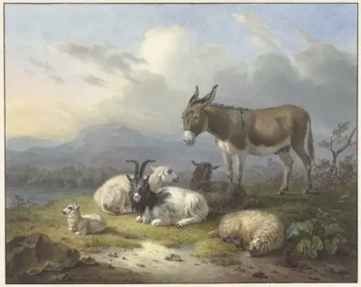 Landschap met ezel, geit en schapen