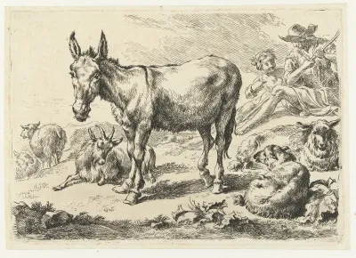 Landschap met ezel, schapen, geit en herders