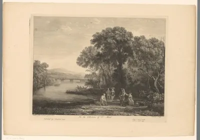 Landschap met figuren aan de oever van een rivier