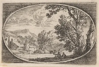 Landschap met figuren aan de waterkant