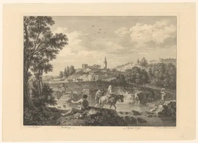 Landschap met figuren aan een oever bij een dorp