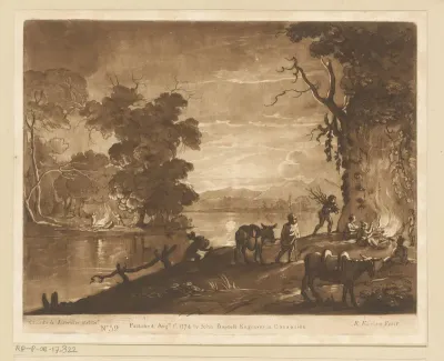 Landschap met figuren aan een oever die een vuur ontsteken