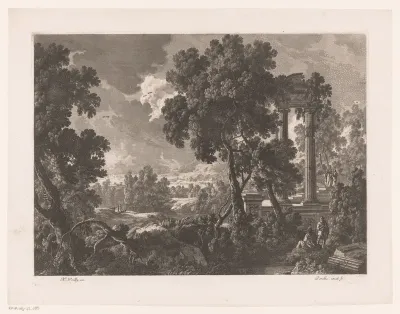 Landschap met figuren bij antieke ruïne