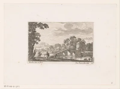 Landschap met figuren bij brug
