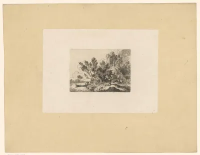 Landschap met figuren bij de oever van een rivier
