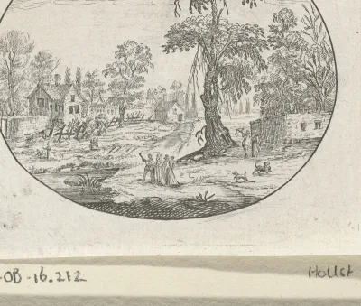 Landschap met figuren bij een boom