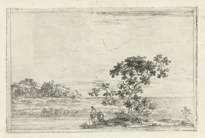 Landschap met figuren bij een boom