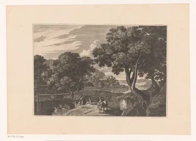 Landschap met figuren bij een brede rivier