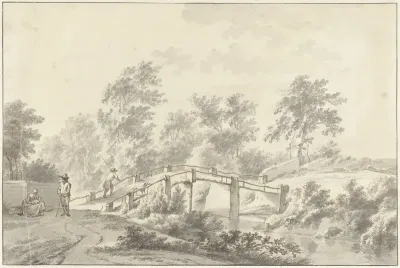 Landschap met figuren bij een brug