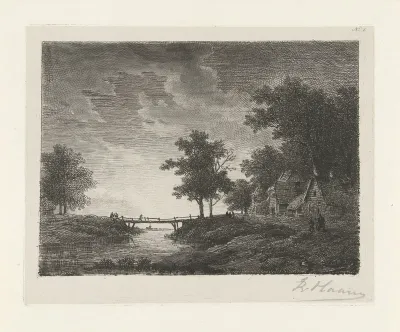 Landschap met figuren bij een brug