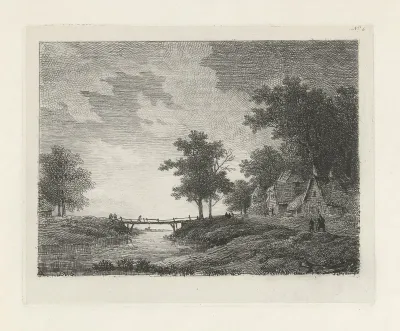 Landschap met figuren bij een brug