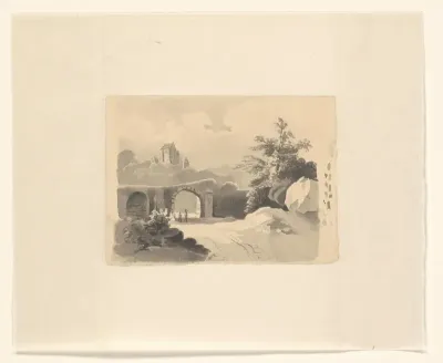 Landschap met figuren bij een brug
