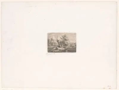 Landschap met figuren bij een kale boom langs een beek