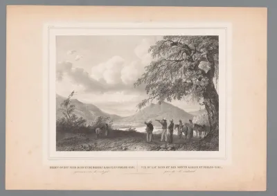 Landschap met figuren bij een meer en de vulkanen Gunung Karang en Pulosari