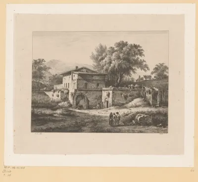 Landschap met figuren bij een ommuurd gebouw