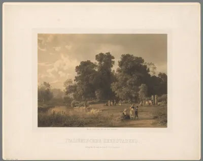 Landschap met figuren bij een rivier
