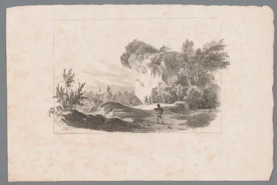 Landschap met figuren bij een rots