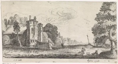 Landschap met figuren bij een versterkt huis met twee torens