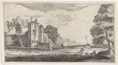 Landschap met figuren bij een versterkt huis met twee torens