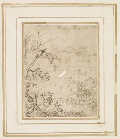 Landschap met figuren bij een vijver