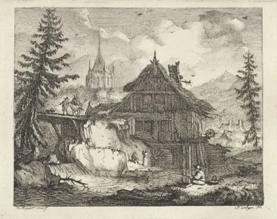 Landschap met figuren bij een watermolen