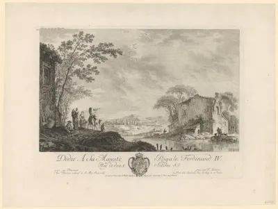 Landschap met figuren bij huizen aan het water